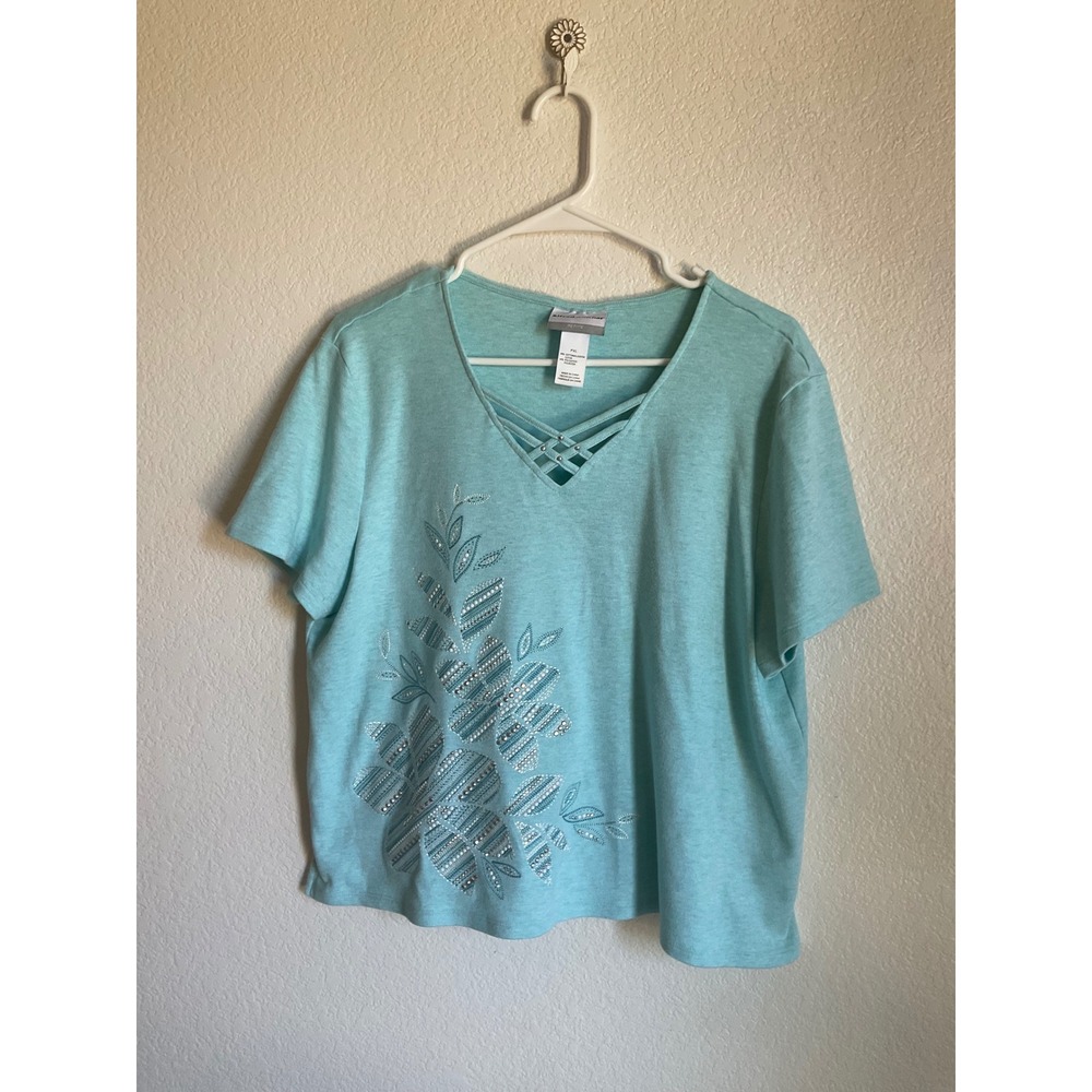 Alfred Dunner Petite Turquoise Floral Rhinestone V-Neck Strappy‎ Top PXL